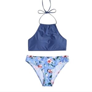 Floral Halter Bikini Swimsuit Bathing Suit Size Small Blue NEW WITH TAGS